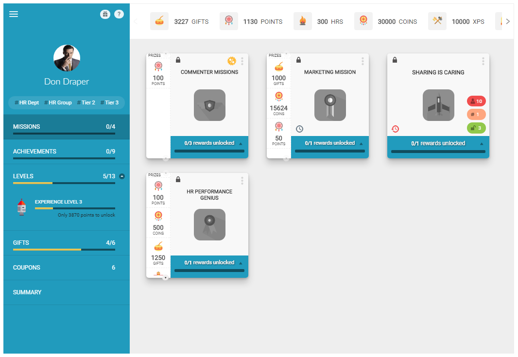 Profile missions tab showing available missions