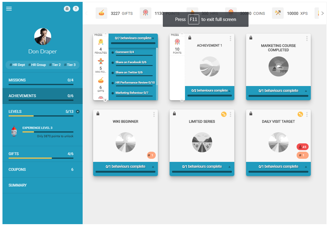 Profile achievements tab displaying user achievements